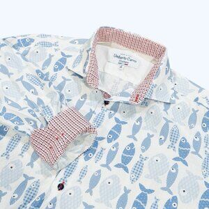 Umberto Carro Mens Sz 17 /43 Blue Fish Novelty Print Dress Shirt Italy Positano